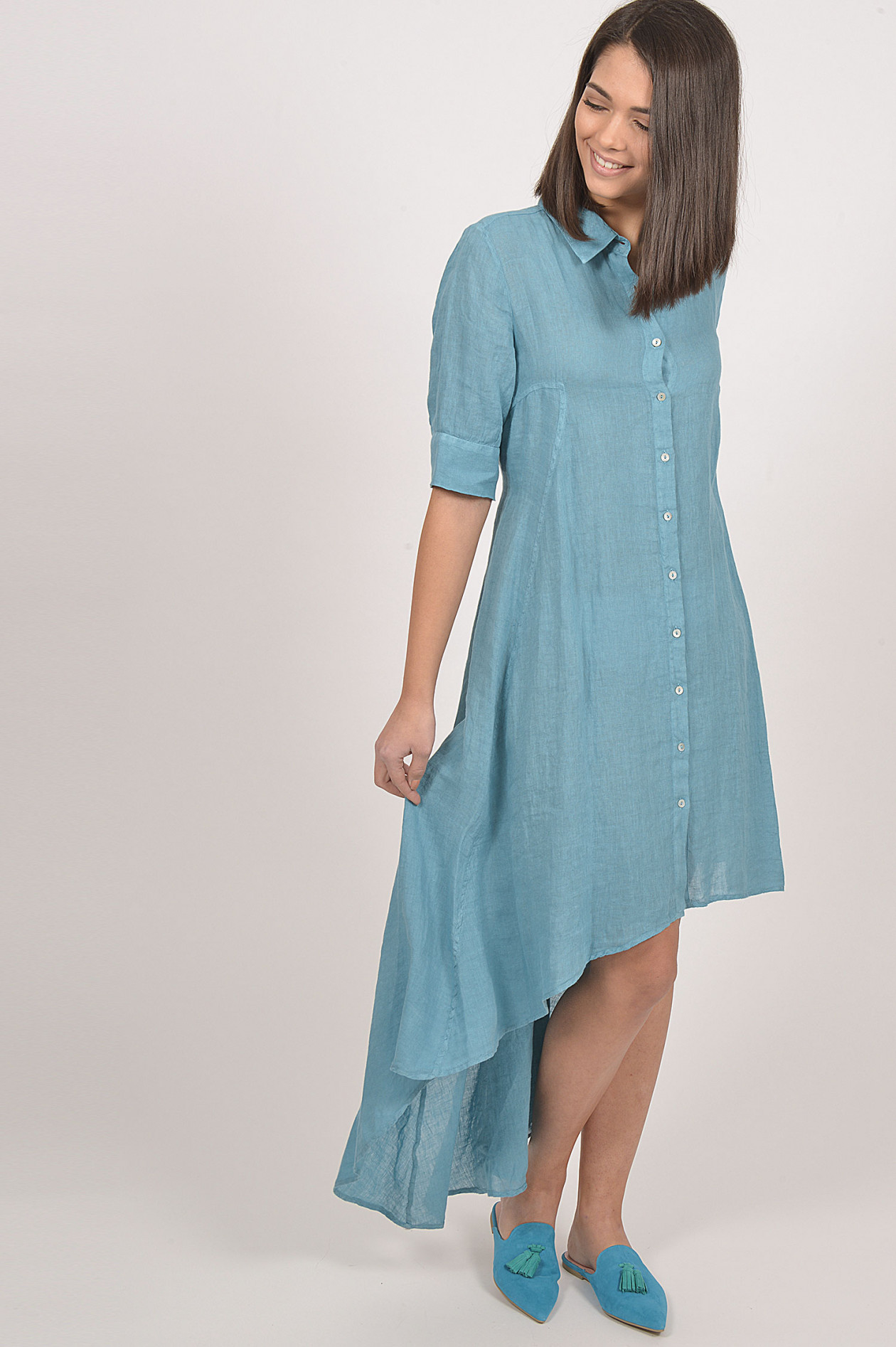 Vokuhila - Kleid aus Leinen in Türkis Vokuhila - Kleid aus Leinen in Türkis