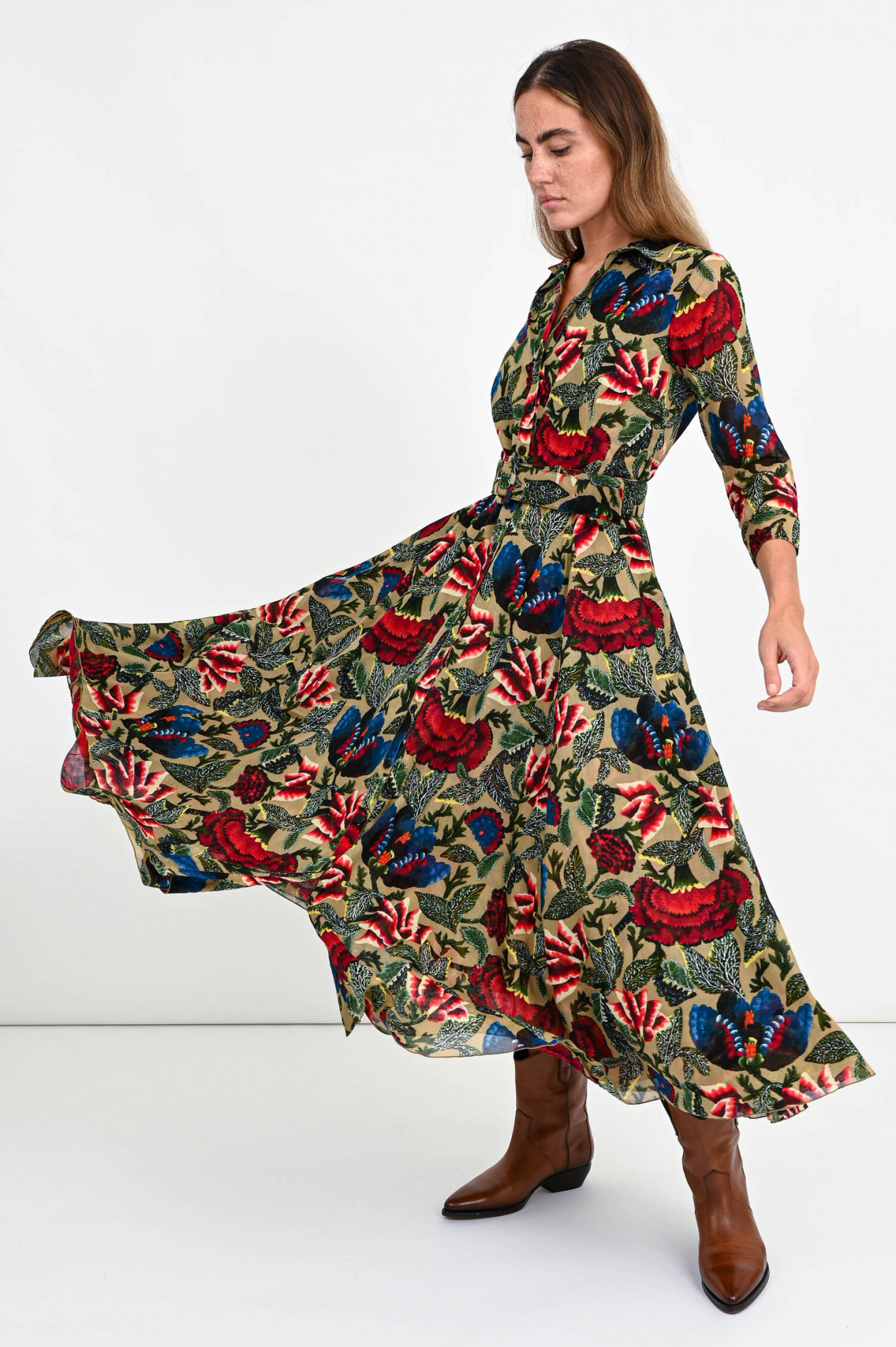 Samantha Sung Midi Kleid ASTER mit Blumen in Sand Multicolor GRUENER.AT