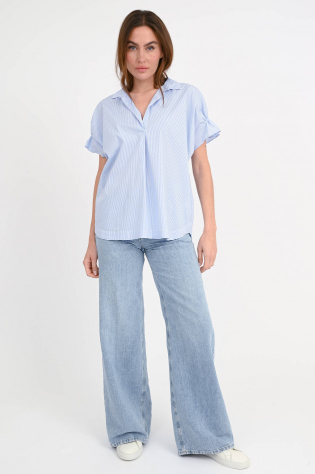 0039-Italy Gestreifte Bluse mit Arm-Detail in Blau/Weiß