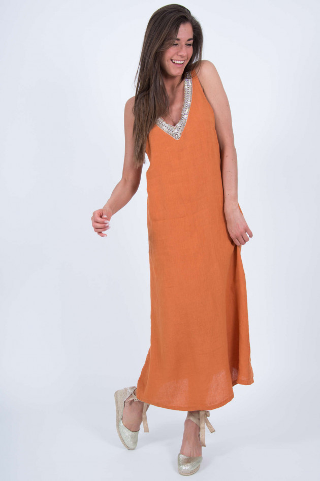 120% Leinen Leinenkleid mit Schmucksteine in Orange