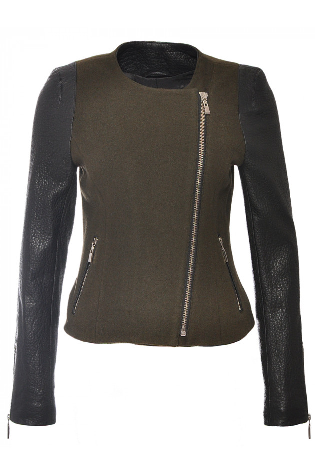 Lederjacke Kaki/Schwarz mit Wolldetails