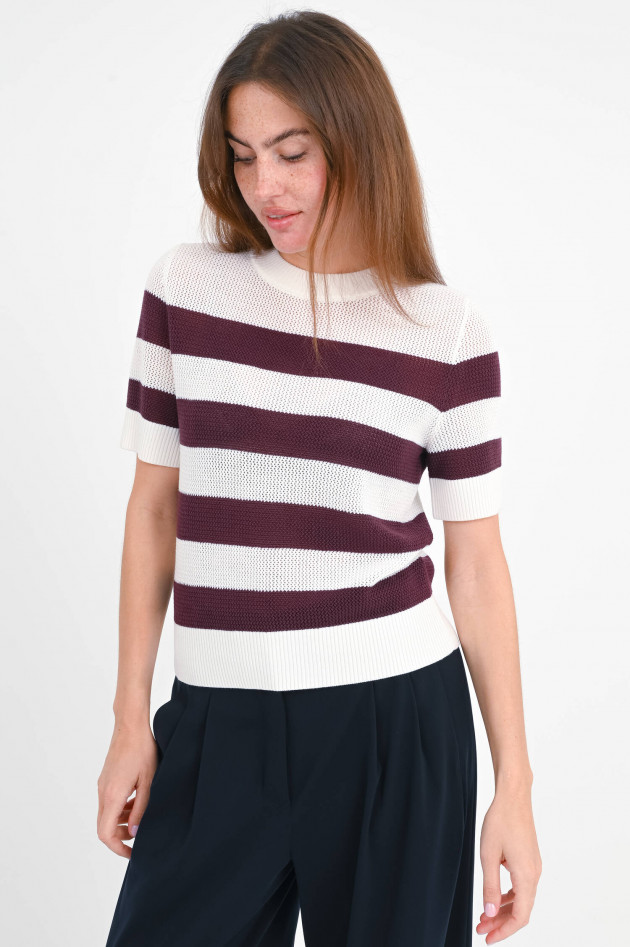 Akris Punto Gestreifter Kurzarm-Pullover in Creme/Blackberry