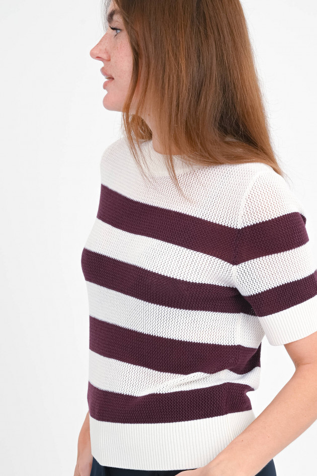 Akris Punto Gestreifter Kurzarm-Pullover in Creme/Blackberry