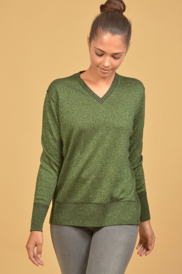 Allude Glitzerpullover mit V-Ausschnitt in Grün