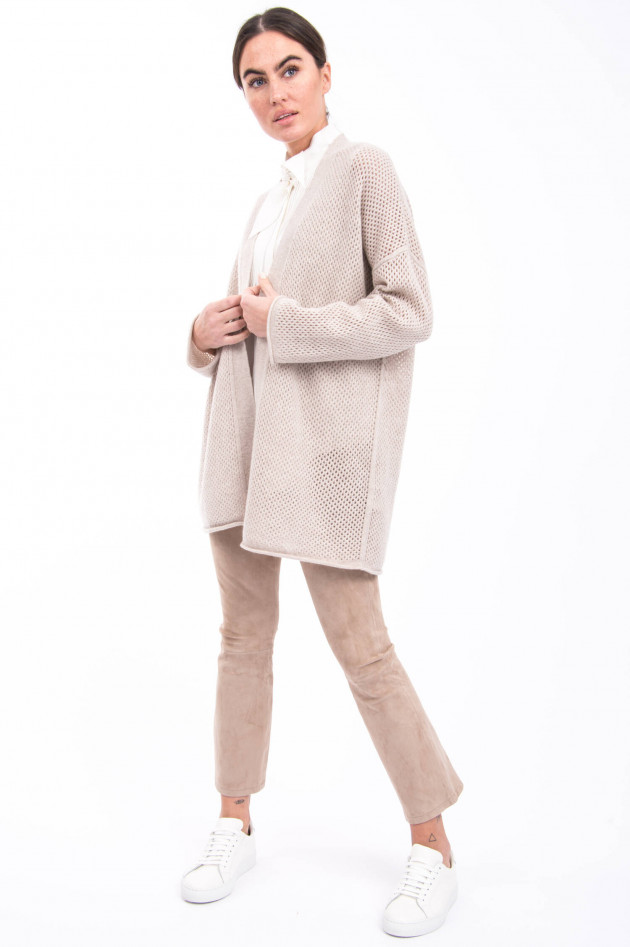 Allude Lochstrick-Cardigan mit Bindegürtel in Sand