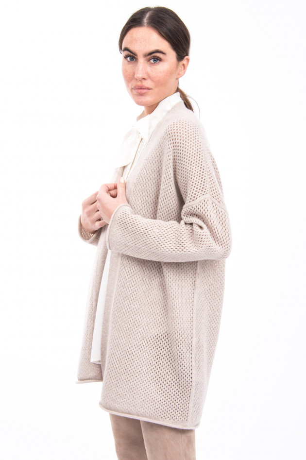 Allude Lochstrick-Cardigan mit Bindegürtel in Sand