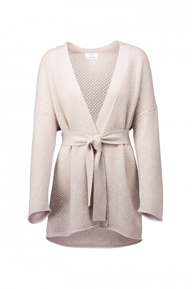 Allude Lochstrick-Cardigan mit Bindegürtel in Sand