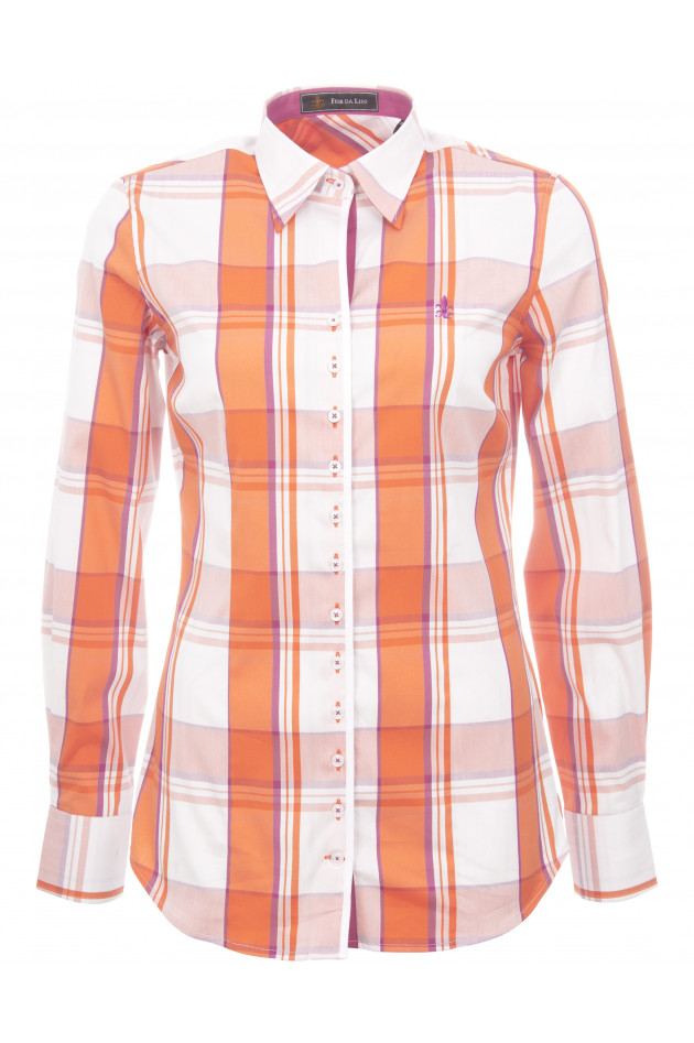Fior da Liso Baumwollbluse in Orange/Weiß/Pink kariert