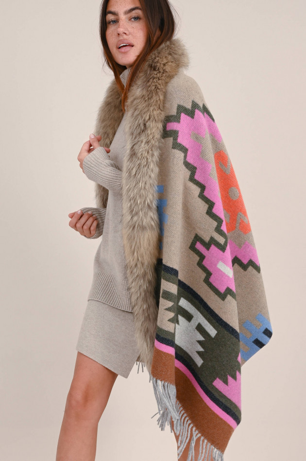 Bazar Deluxe Wollmix Cape mit Pelz-Besatz in Beige/Pink