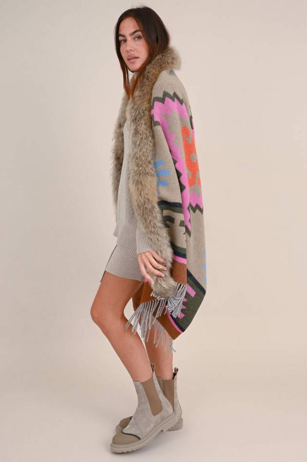 Bazar Deluxe Wollmix Cape mit Pelz-Besatz in Beige/Pink
