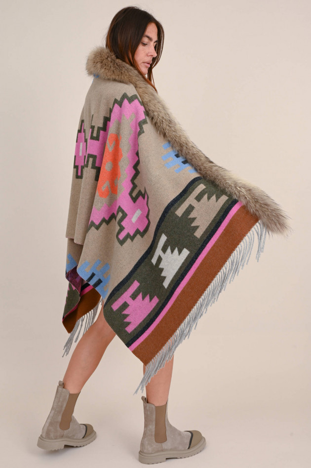 Bazar Deluxe Wollmix Cape mit Pelz-Besatz in Beige/Pink