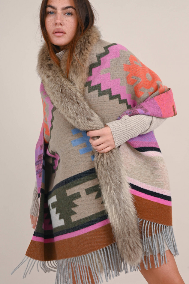 Bazar Deluxe Wollmix Cape mit Pelz-Besatz in Beige/Pink