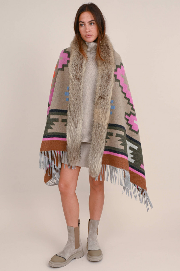Bazar Deluxe Wollmix Cape mit Pelz-Besatz in Beige/Pink
