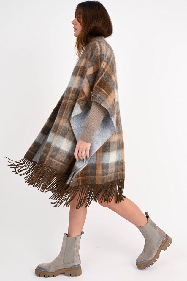Brunello Cucinelli Langes Cape mit Karo-Muster in Braun/Grau
