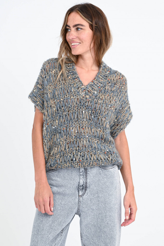 Brunello Cucinelli Grobstrick-Pullover mit Pailletten in Grau/Braun