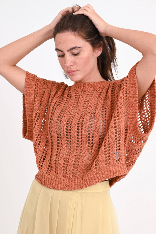 Brunello Cucinelli Kurzarmpullover aus Lochstrick in Terracotta