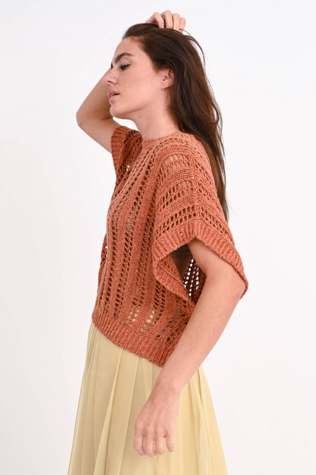 Brunello Cucinelli Kurzarmpullover aus Lochstrick in Terracotta