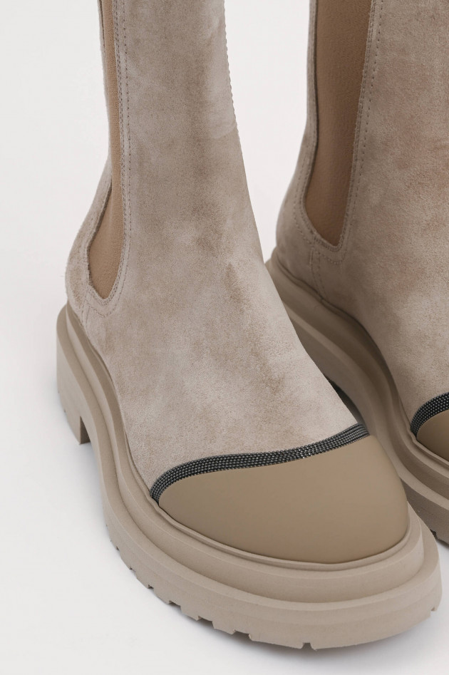 Brunello Cucinelli Veloursleder Chelsea Boots mit Monili in Taupe