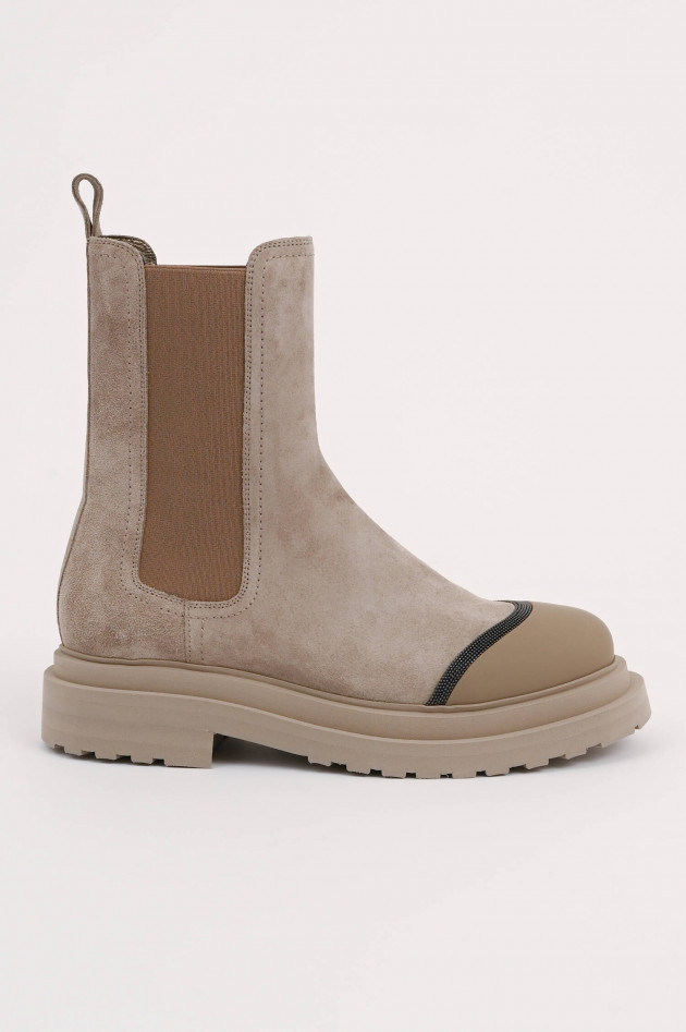 Brunello Cucinelli Veloursleder Chelsea Boots mit Monili in Taupe