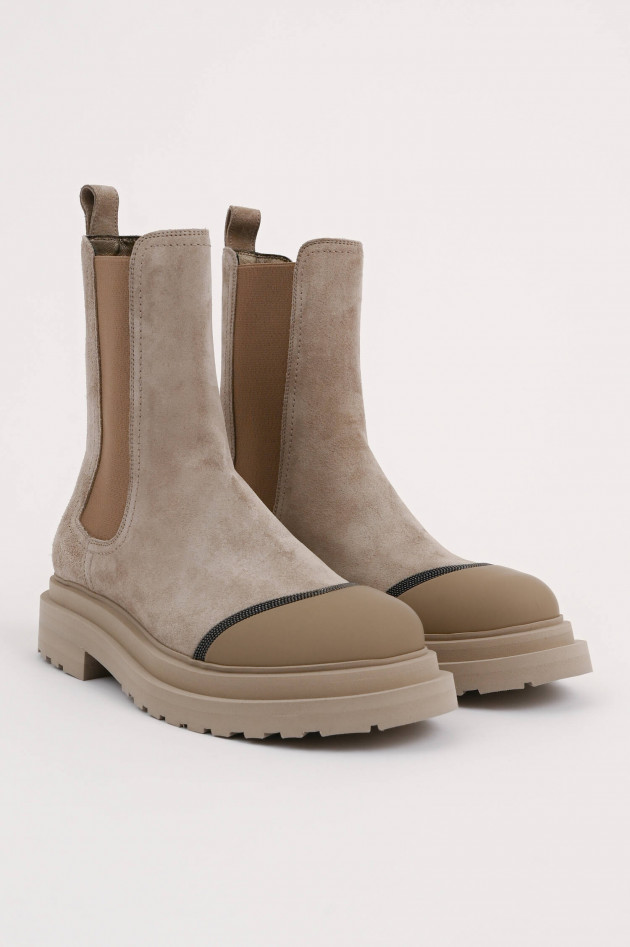 Brunello Cucinelli Veloursleder Chelsea Boots mit Monili in Taupe