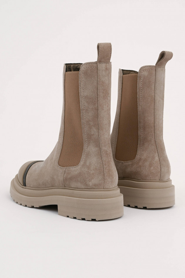 Brunello Cucinelli Veloursleder Chelsea Boots mit Monili in Taupe