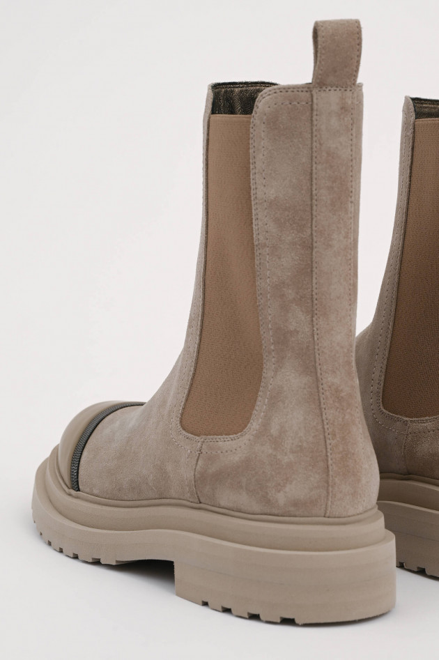 Brunello Cucinelli Veloursleder Chelsea Boots mit Monili in Taupe