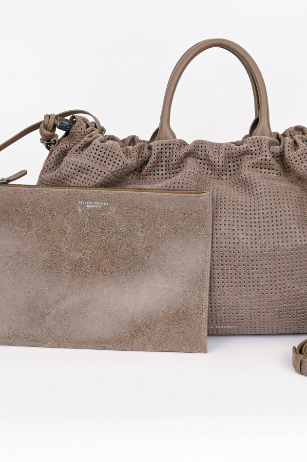 Brunello Cucinelli Handtasche aus glänzendem Leder in Taupe