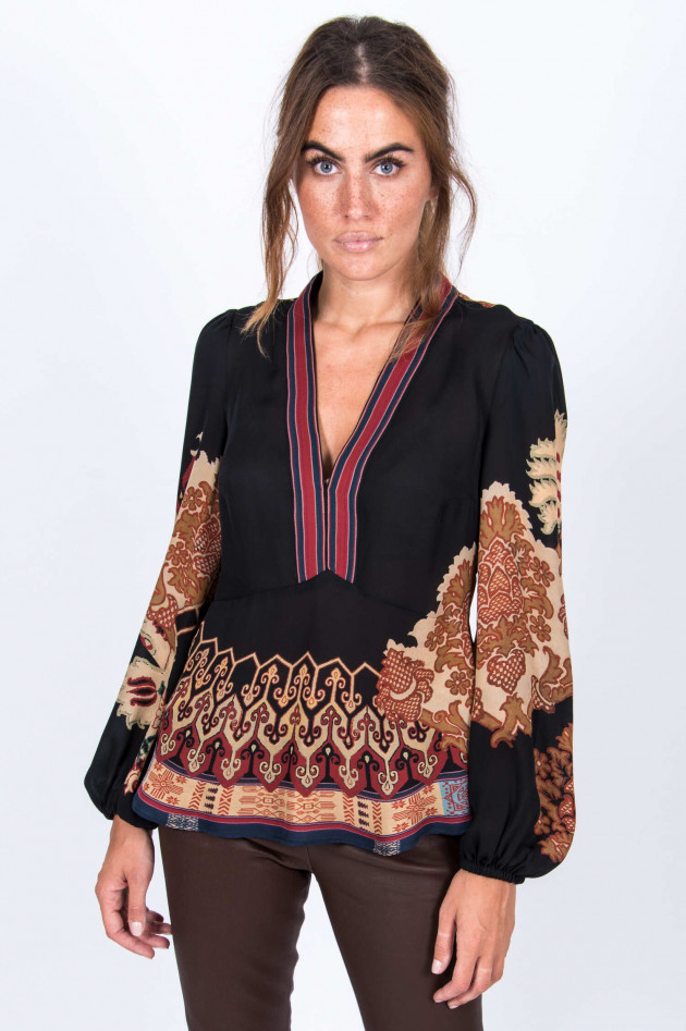 Etro Seidenbluse mit V-Ausschnitt in Schwarz gemustert