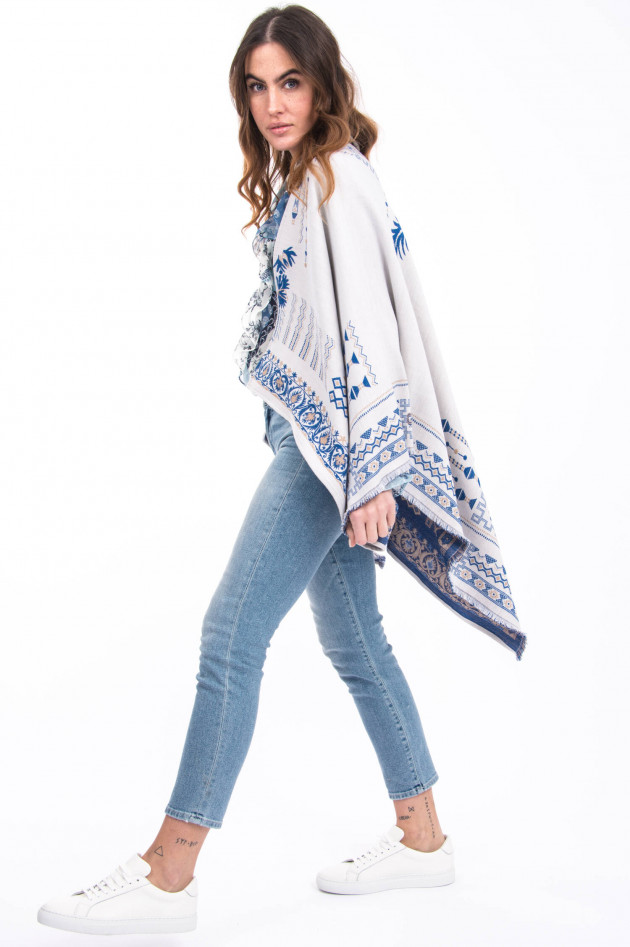 Etro Poncho aus Woll-Mix in Beige/Blau