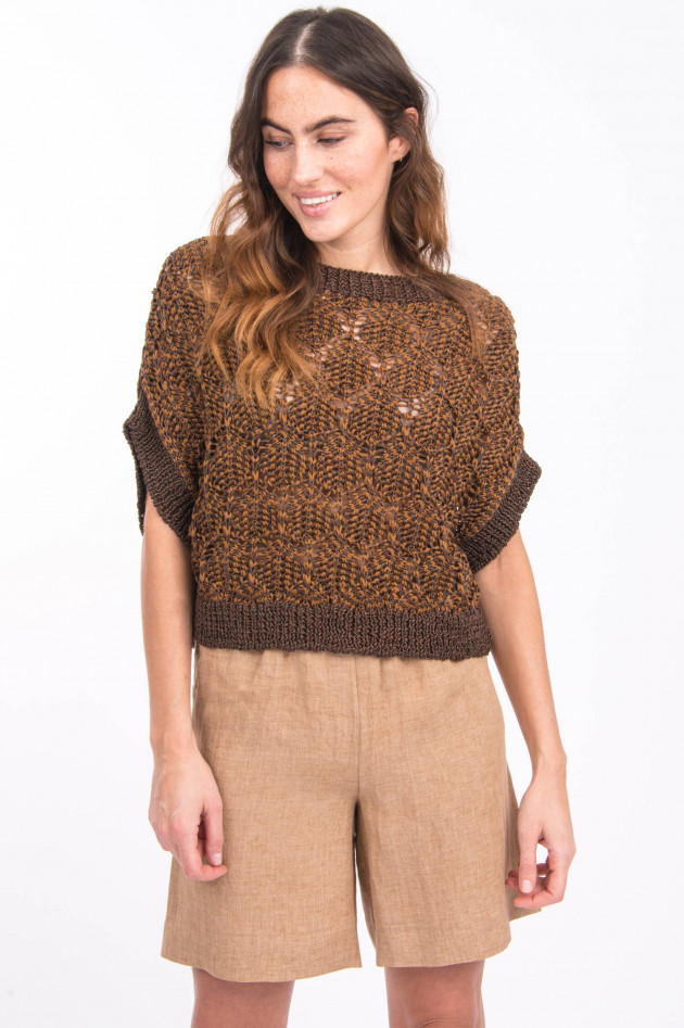 Fabiana Filippi Kurzarm-Pullover mit Lochstrick in Braun/Camel