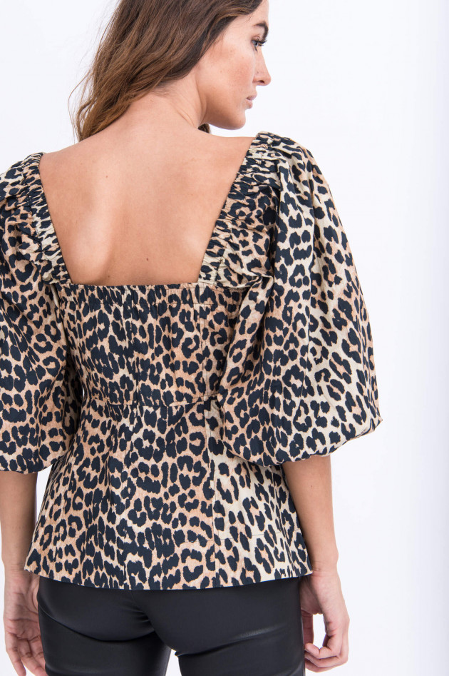Ganni Puffarm-Bluse in Beige/Schwarz gemustert