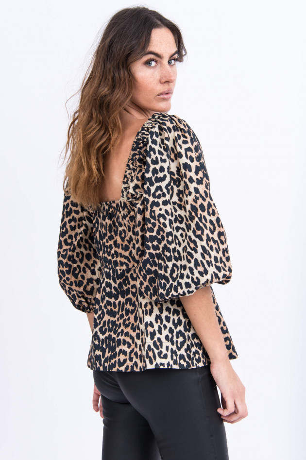 Ganni Puffarm-Bluse in Beige/Schwarz gemustert