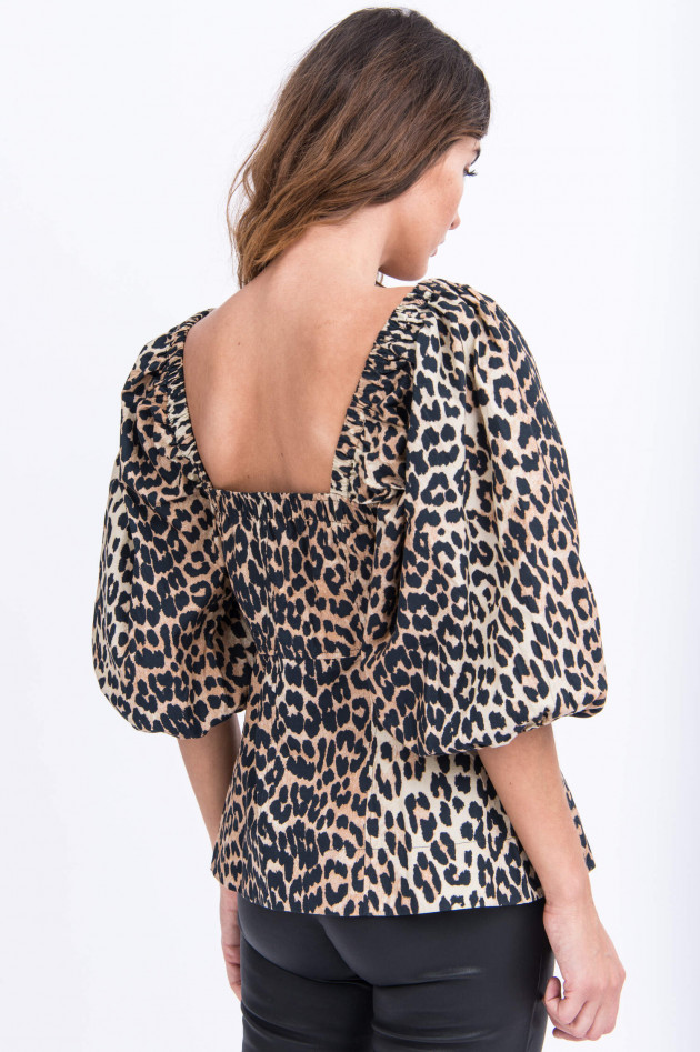 Ganni Puffarm-Bluse in Beige/Schwarz gemustert