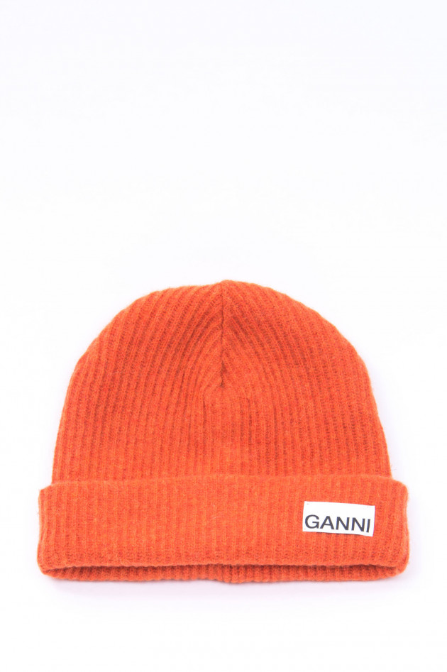 Ganni Beanie mit Logo-Patch in Rot-Orange