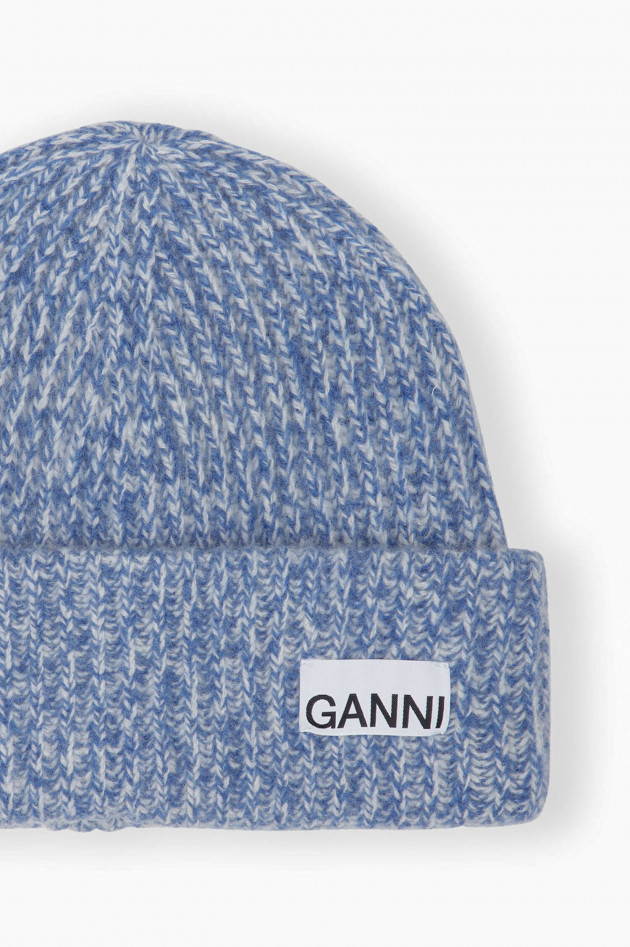 Ganni Melierte Rippstrick-Mütze in Blau/Weiß