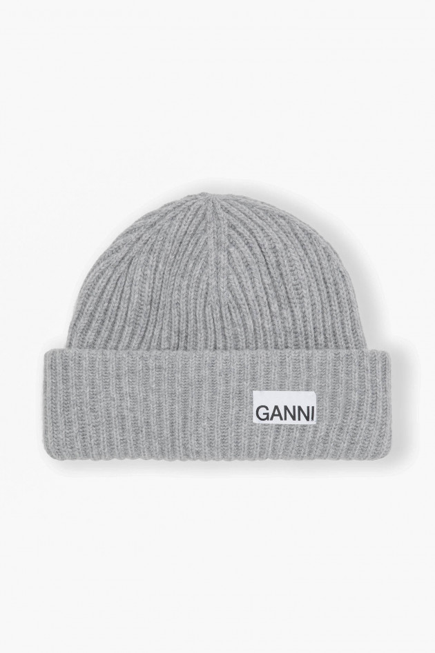 Ganni Rippstrick Beanie in Grau meliert