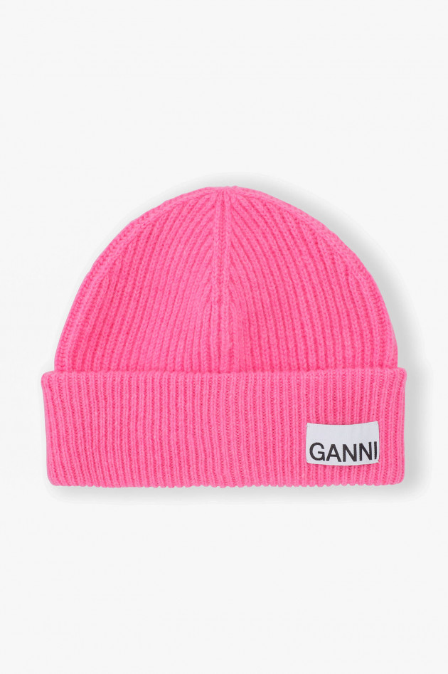Ganni Rippstrick Mütze in Pink