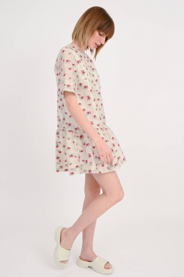 Ganni Organza Minikleid mit Rosen in Creme/Pink