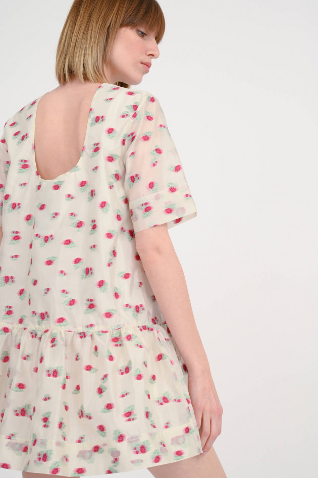 Ganni Organza Minikleid mit Rosen in Creme/Pink