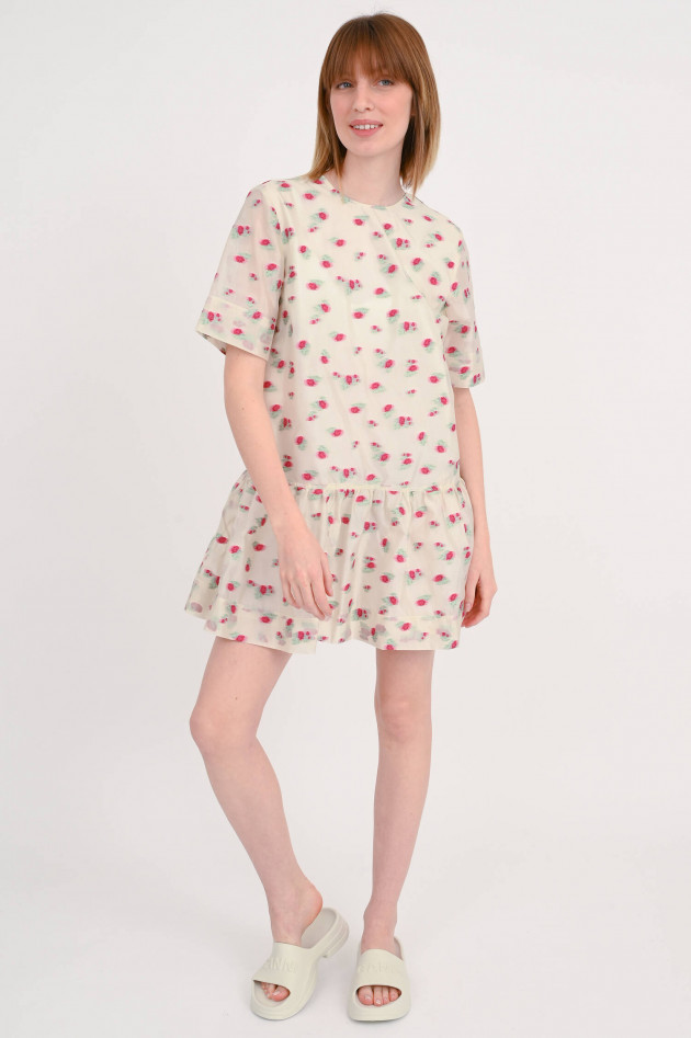 Ganni Organza Minikleid mit Rosen in Creme/Pink