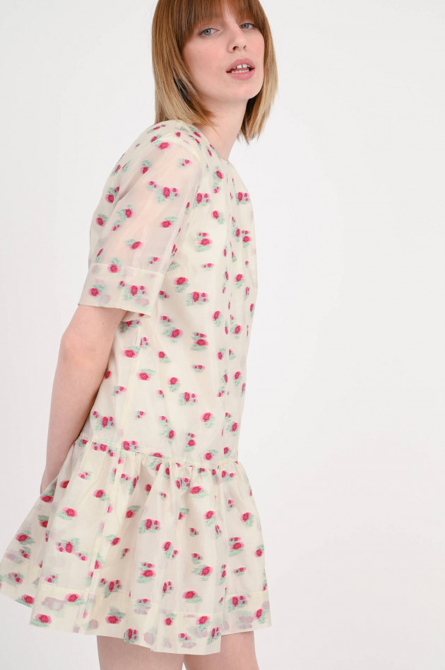 Ganni Organza Minikleid mit Rosen in Creme/Pink