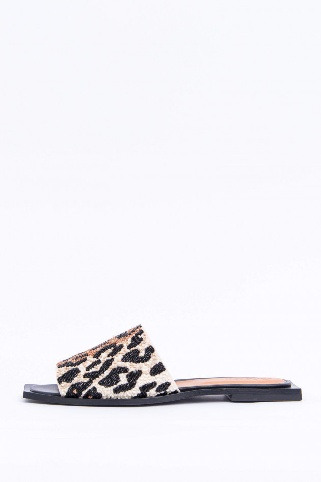 Ganni Slipper im Animal Print in Schwarz/Beige gemustert