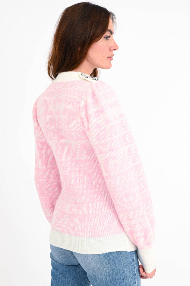 Ganni Gemusterter Pullover mit Puffarm in Rosa/Creme