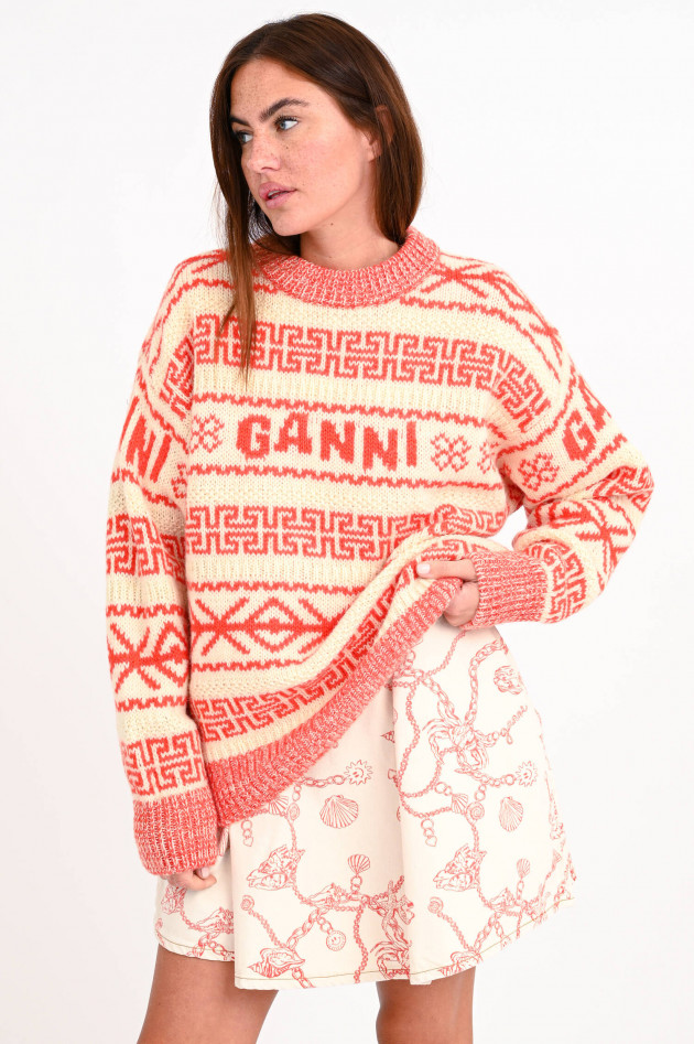 Ganni Strickpullover aus Bio-Wolle in Creme/Koralle