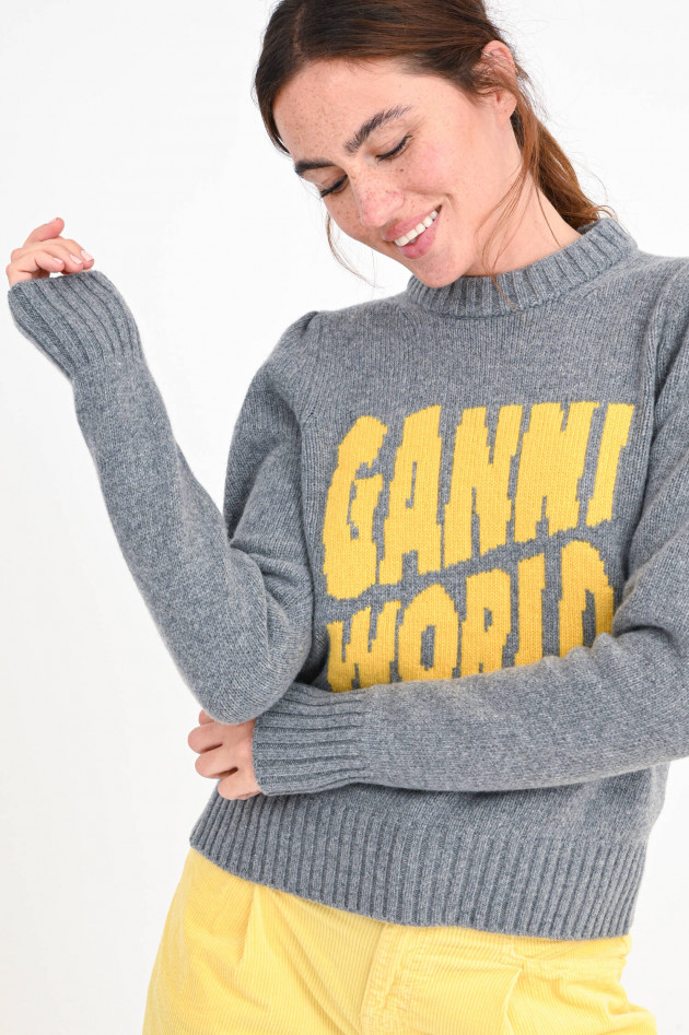 Ganni Strickpullover mit Logo-Wording in Grau/Gelb