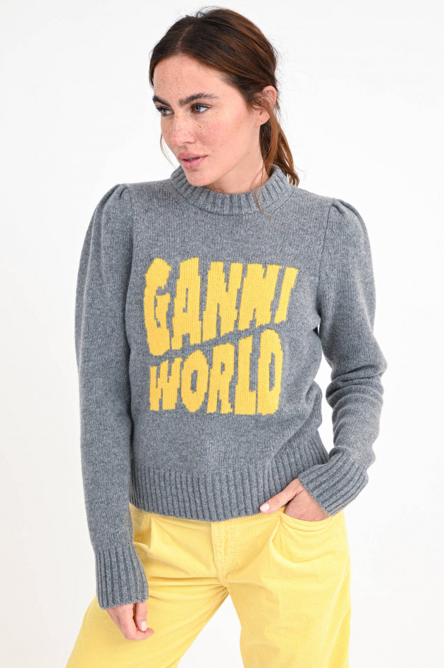 Ganni Strickpullover mit Logo-Wording in Grau/Gelb