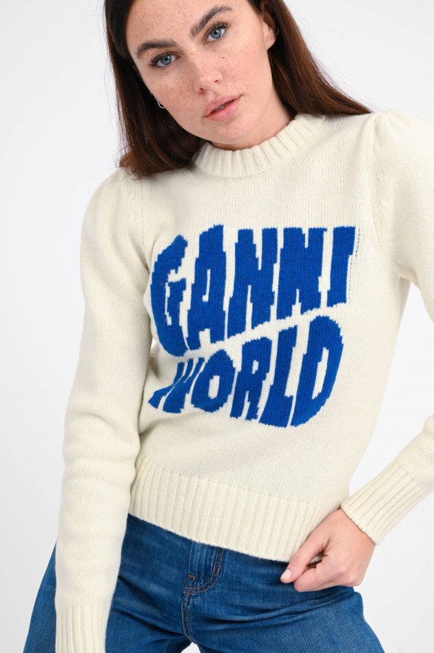 Ganni Strickpullover mit Logo-Wording in Creme/Blau