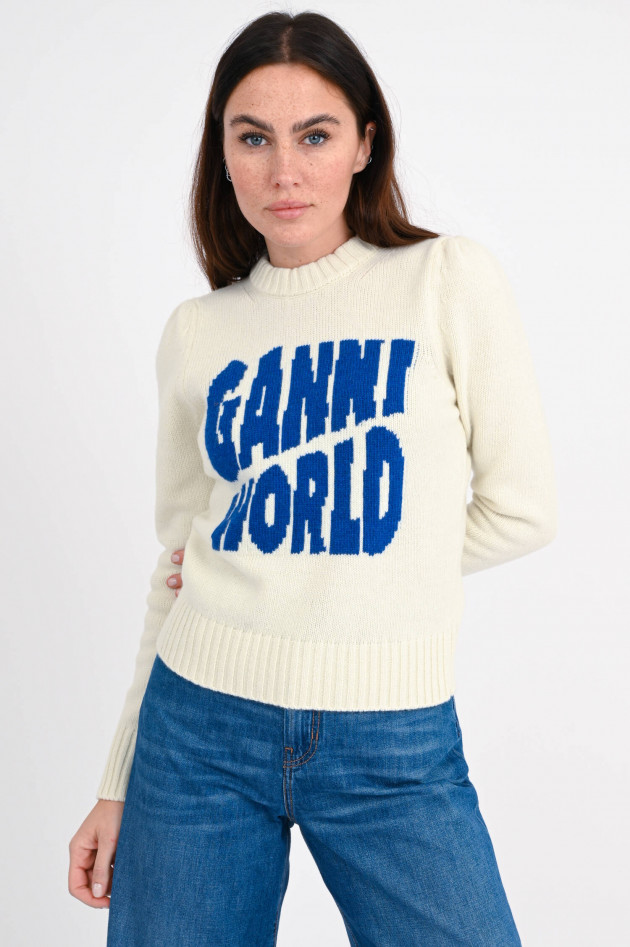 Ganni Strickpullover mit Logo-Wording in Creme/Blau