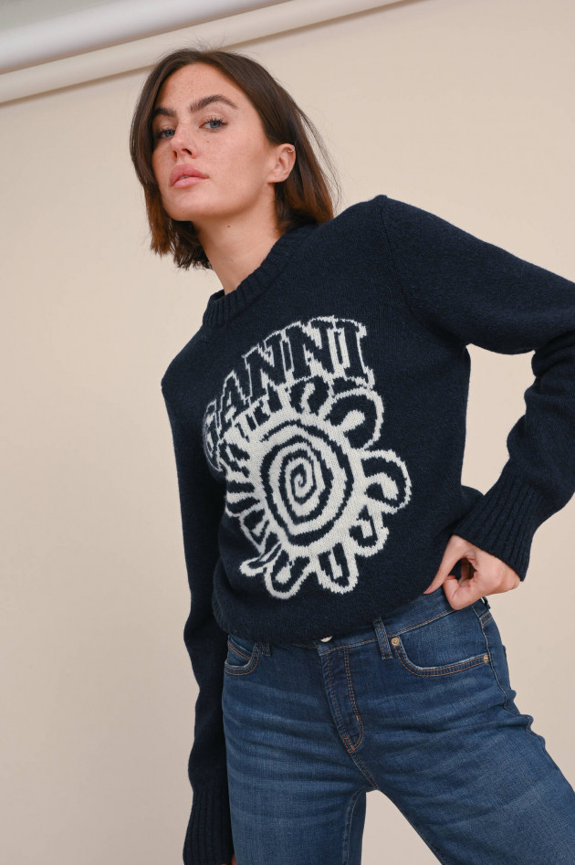 Ganni Strickpullover mit Blumen Print in Navy