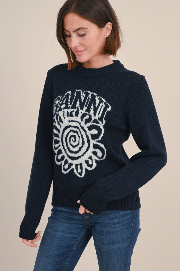 Ganni Strickpullover mit Blumen Print in Navy